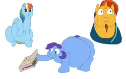 Size: 1280x800 | Tagged: safe, artist:lupin quill, character:rainbow dash, character:sunburst, oc, oc:silver crescent, bhm, cereal, fat, food, obese, rainblob dash, rainbow dash presents, simple background, sunblob, tubby wubby pony waifu, we bought two cakes