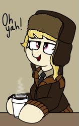 Size: 527x837 | Tagged: safe, artist:coatieyay, character:march gustysnows, clothing, coat, coffee, dialogue, female, hat, necktie, solo, steam, ushanka