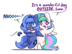 Size: 1280x960 | Tagged: safe, artist:dsp2003, character:princess celestia, character:princess luna, species:alicorn, species:pony, gamer luna, g4, bipedal, chibi, controller, crown, cute, cutelestia, dialogue, female, gamer woona, jewelry, lunabetes, mare, open mouth, regalia, signature, simple background, spread wings, style emulation, text, transparent background, wings