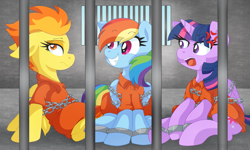 Size: 1935x1159 | Tagged: safe, artist:pearlyiridescence, character:rainbow dash, character:spitfire, character:twilight sparkle, character:twilight sparkle (alicorn), species:alicorn, species:pony, bound wings, chains, clothing, cross-popping veins, cuffs, jail, jumpsuit, prison, prison outfit, prisoner, prisoner rd, prisoner ts, squee