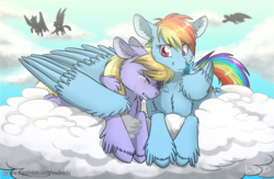 Size: 1024x668 | Tagged: safe, artist:inuhoshi-to-darkpen, character:cloud kicker, character:rainbow dash, species:pegasus, species:pony, fanfic:the new life of a winning pony, winningverse, chest fluff, cloud, crying, cutie mark, duo focus, ear fluff, eyes closed, fanfic art, feathered fetlocks, female, floppy ears, fluffy, hoof fluff, hooves, hug, lying on a cloud, mare, muzzle fluff, on a cloud, patreon, patreon logo, prone, unshorn fetlocks, winghug, wings