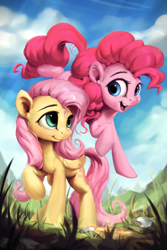 Size: 800x1200 | Tagged: safe, artist:assasinmonkey, part of a set, character:fluttershy, character:pinkie pie, species:earth pony, species:pegasus, species:pony, andrea libman, cute, diapinkes, duo, female, mare, open mouth, outdoors, shyabetes, smiling, voice actor joke