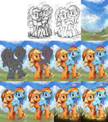 Size: 2560x2880 | Tagged: safe, artist:assasinmonkey, part of a set, character:applejack, character:rainbow dash, art progress, clothing, cowboy hat, crossed hooves, hat, open mouth, outdoors, process, progress, raised hoof, sketch, stetson, wip