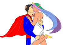 Size: 1440x858 | Tagged: safe, artist:eve-ashgrove, character:princess celestia, species:elf, species:human, clothing, crack shipping, crossover, crossover shipping, dress, elf ears, female, humanized, imminent kissing, kissing, male, shipping, straight, supelestia, superman, the crack otp to end all crack otps