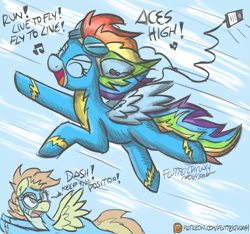 Size: 1000x937 | Tagged: safe, artist:flutterthrash, character:rainbow dash, character:spitfire, species:pegasus, species:pony, aces high, clothing, earbuds, flying, goggles, ipod, iron maiden, metal, mp3 player, patreon, patreon logo, powerslave (album), singing, song reference, wonderbolts uniform