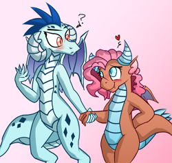 Size: 2153x2040 | Tagged: safe, artist:bronyxxi, artist:chiptunebrony, artist:flutterthrash, edit, character:mina, character:princess ember, species:dragon, blushing, colored, confused, crack shipping, cute, dragoness, emberbetes, embina, female, heart, holding hands, lesbian, minabetes, pink background, question mark, sfw edit, shipping, simple background, wingdings