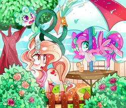 Size: 1024x878 | Tagged: safe, artist:ipun, oc, oc only, oc:precious metal, species:earth pony, species:pegasus, species:pony, blushing, female, fence, flower, flower in hair, heart, heart eyes, hose, mare, neckerchief, open mouth, tree, umbrella, wingding eyes