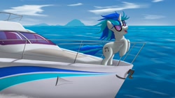 Size: 3250x1828 | Tagged: safe, artist:skipsy, character:dj pon-3, character:vinyl scratch, species:pony, species:unicorn, boat, female, mare, ocean, solo, water, windswept mane