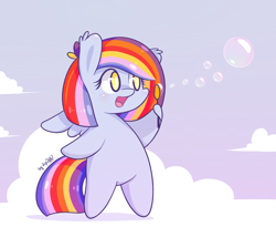 Size: 1248x1024 | Tagged: safe, artist:dsp2003, oc, oc only, oc:dolly flash, species:pegasus, species:pony, bipedal, chibi, cloud, female, open mouth, soap bubble, solo, style emulation