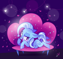 Size: 1024x962 | Tagged: safe, artist:ipun, character:trixie, species:pony, species:unicorn, blushing, chibi, couch, female, heart, heart eyes, mare, open mouth, smiling, solo, wingding eyes