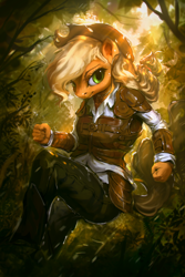 Size: 800x1200 | Tagged: safe, artist:assasinmonkey, character:applejack, species:anthro, species:earth pony, species:pony, clothing, cowboy hat, female, fist, freckles, hat, leather armor, pants, smiling, solo, stetson, vambrace