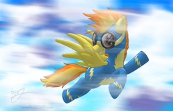 Size: 3900x2504 | Tagged: safe, artist:skipsy, character:spitfire, species:pegasus, species:pony, female, flying, goggles, high res, mare, smiling, solo, wonderbolts uniform