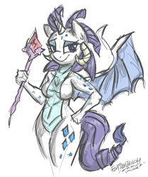 Size: 1280x1530 | Tagged: safe, artist:flutterthrash, character:princess ember, character:rarity, species:anthro, species:dragon, barbie doll anatomy, bloodstone scepter, dragon lord ember, dragon lord rarity, dragonified, female, fusion, fusion:embrarity, hybrid, raridragon, solo, species swap