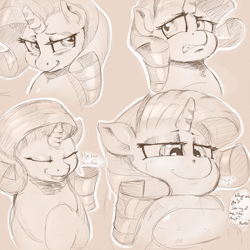 Size: 2000x2000 | Tagged: safe, artist:sirmasterdufel, character:applejack, character:rarity, species:pony, species:unicorn, ship:rarijack, eyes closed, female, implied applejack, implied shipping, lesbian, mare, monochrome, open mouth, sepia, shipping, sketch, solo