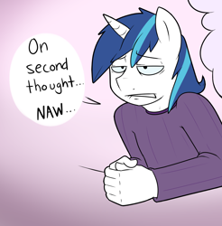 Size: 1038x1055 | Tagged: safe, artist:strangerdanger, character:shining armor, species:anthro, clothing, comic, cropped, dialogue, explicit source, male, solo, sweater