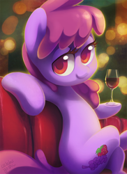 Size: 840x1155 | Tagged: safe, artist:dawnfire, character:berry punch, character:berryshine, alcohol, berrybetes, bokeh, colored pupils, crossed legs, female, glass, hoof hold, looking at you, sitting, smiling, solo, underhoof, wine, wine glass