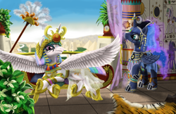 Size: 3000x1941 | Tagged: safe, artist:evil-dec0y, character:princess celestia, character:princess luna, species:chimera, species:sphinx, alternate hairstyle, ancient egypt, clothing, cutie mark, desert, dress, egyptian, hieroglyphics, jewelry, makeup, palace, pharaoh, pyramid