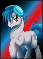 Size: 800x1090 | Tagged: safe, artist:inuhoshi-to-darkpen, oc, oc only, oc:the living tombstone, species:earth pony, species:pony, abstract background, dyed mane, headphones, male, no ears, raised hoof, simple background, solo, stallion