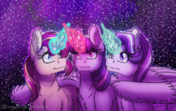 Size: 1024x647 | Tagged: safe, artist:inuhoshi-to-darkpen, character:starlight glimmer, character:sunset shimmer, character:twilight sparkle, character:twilight sparkle (alicorn), species:alicorn, species:pony, species:unicorn, counterparts, female, glowing horn, magic, magic aura, mare, patreon, patreon logo, signature, stars, trio, twilight's counterparts