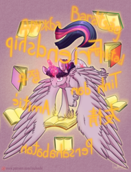 Size: 900x1180 | Tagged: safe, artist:blackgryph0n, artist:inuhoshi-to-darkpen, character:twilight sparkle, character:twilight sparkle (alicorn), species:alicorn, species:pony, book, chinese, feathered fetlocks, female, french, friendship day, glowing horn, hungarian, indonesian, korean, magic, mare, patreon, patreon logo, purple background, russian, simple background, solo, spanish, spread wings, that pony sure does love friendship, vietnamese, wings