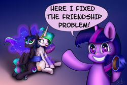 Size: 1600x1066 | Tagged: safe, artist:xbi, character:nightmare moon, character:princess celestia, character:princess luna, character:twilight sparkle, species:alicorn, species:pony, cute, dialogue, duct tape, everything is fixed, female, frown, grin, hoof hold, looking at you, mare, open mouth, pointing, sitting, smiling, squee, tabun art-battle finished after, tape, twiabetes, unamused, underhoof