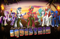 Size: 5175x3375 | Tagged: safe, artist:drawponies, character:big mcintosh, character:princess cadance, character:princess celestia, character:princess flurry heart, character:princess luna, character:shining armor, character:twilight sparkle, character:twilight sparkle (alicorn), oc, oc:fausticorn, species:alicorn, species:pony, alicorn oc, alicorn pentarchy, beach, bipedal, clothing, dancing, flower, flower in hair, food, grass skirt, hula, hula dance, lei, pineapple, skirt, umbrella drink