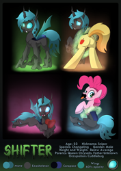 Size: 1280x1804 | Tagged: safe, artist:drawponies, character:braeburn, character:pinkie pie, oc, oc:shifter, species:changeling, cute, glow, male