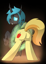 Size: 1090x1525 | Tagged: safe, artist:drawponies, character:braeburn, oc, oc only, oc:shifter, species:changeling, cute, glow, male, plot, solo, transformation