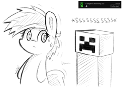 Size: 1024x768 | Tagged: safe, artist:dsp2003, oc, oc:meadow stargazer, black and white, chibi, creeper, crossover, female, grayscale, minecraft, monochrome, sketch, style emulation, this will end in explosions, this will end in pain