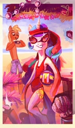 Size: 2157x3670 | Tagged: safe, artist:holivi, character:princess celestia, species:anthro, species:unguligrade anthro, beach, beach ball, camera, clothing, high res, one-piece swimsuit, skinny, smiling, sunglasses, swimsuit
