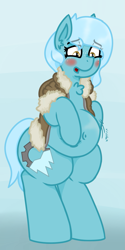 Size: 727x1457 | Tagged: safe, alternate version, artist:coatieyay, oc, oc only, oc:winter gear, species:pony, belly, belly button, big belly, bipedal, blushing, chest fluff, clothing, fat, freckles, jiggle, parka, scrunchy face, solo