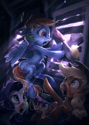 Size: 1020x1440 | Tagged: safe, artist:assasinmonkey, character:applejack, character:rainbow dash, character:rarity, character:scootaloo, species:earth pony, species:pegasus, species:pony, species:unicorn, episode:28 pranks later, g4, my little pony: friendship is magic, cookie zombie, crepuscular rays, crying, female, filly, filly guides, infected, mare, open mouth, scene interpretation, three quarter view, zombie