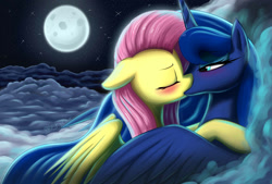 Size: 1600x1080 | Tagged: safe, artist:phenya, artist:phoenixb159, character:fluttershy, character:princess luna, species:alicorn, species:pegasus, species:pony, ship:lunashy, blushing, cloud, eyes closed, female, floppy ears, kissing, lesbian, mare, moon, night, shipping, snuggling