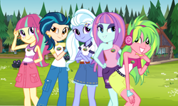 Size: 1484x884 | Tagged: safe, artist:sunsetshimmer333, artist:themexicanpunisher, edit, character:indigo zap, character:lemon zest, character:sour sweet, character:sugarcoat, character:sunny flare, equestria girls:legend of everfree, g4, my little pony: equestria girls, my little pony:equestria girls, clothes swap, crystal prep shadowbolts, headphones, shadow five