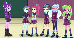 Size: 1404x720 | Tagged: safe, artist:themexicanpunisher, character:indigo zap, character:lemon zest, character:sour sweet, character:starlight glimmer, character:sugarcoat, character:sunny flare, my little pony:equestria girls, clothing, crystal prep academy uniform, crystal prep shadowbolts, equal cutie mark, equestria girls-ified, group, headphones, school uniform, shadow five