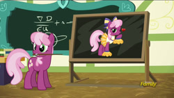 Size: 1280x720 | Tagged: safe, artist:vector-brony, edit, edited screencap, screencap, character:cheerilee, episode:28 pranks later, g4, my little pony: friendship is magic, blowing a kiss, cheerilee's chalkboard, cheerileeder, cheerleader, clothing, discovery family logo, heart, mouth hold, one eye closed, wink