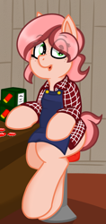 Size: 642x1365 | Tagged: safe, artist:coatieyay, oc, oc only, apron, bottlecap, clothing, freckles, sitting, solo
