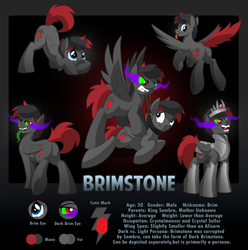 Size: 3472x3499 | Tagged: safe, artist:drawponies, oc, oc only, oc:brimstone, parent:king sombra, species:pegasus, species:pony, armor, body armor, collar, corrupted, evil grin, evil laugh, face down ass up, fangs, flying, offspring, original character do not steal, plot, reference sheet, sad, scared, sombra eyes