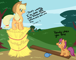 Size: 1200x959 | Tagged: safe, artist:php27, character:applejack, character:scootaloo, species:earth pony, species:pegasus, species:pony, duo, female, filly, hay bale, mare