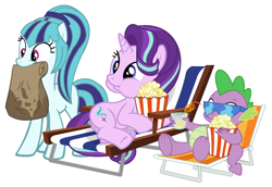 Size: 2752x1888 | Tagged: safe, artist:masem, artist:themexicanpunisher, artist:xebck, character:sonata dusk, character:spike, character:starlight glimmer, species:dragon, species:earth pony, species:pony, species:unicorn, :t, crazy straw, cute, deck chair, drink, eating, female, food, male, mare, mouth hold, nom, on side, paper bag, ponified, popcorn, puffy cheeks, simple background, sitting, smiling, sonatabetes, sonataco, standing, straw, sunglasses, taco, white background