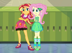 Size: 6525x4780 | Tagged: safe, artist:favoriteartman, artist:keronianniroro, artist:shabrina025, artist:themexicanpunisher, character:fluttershy, character:sunset shimmer, ship:sunshyne, my little pony:equestria girls, absurd resolution, boots, canterlot high, clothing, crossed arms, cute, ear piercing, earring, female, hallway, high heel boots, high heels, jewelry, lesbian, lockers, piercing, shimmerbetes, shipping, shyabetes, smiling