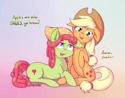 Size: 2103x1656 | Tagged: safe, artist:dsp2003, character:applejack, character:tree hugger, species:earth pony, species:pony, ship:applehugger, female, floppy ears, lesbian, mare, open mouth, shipping