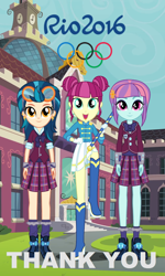 Size: 648x1080 | Tagged: safe, artist:themexicanpunisher, artist:xebck, character:indigo zap, character:majorette, character:sunny flare, character:sweeten sour, equestria girls:friendship games, g4, my little pony: equestria girls, my little pony:equestria girls, canterlot high, clothing, crystal prep academy, crystal prep academy uniform, crystal prep shadowbolts, ear piercing, goggles, majorette, olympic rings, olympics, piercing, pleated skirt, rio 2016, school uniform, skirt, sweeten sour, thank you, wondercolts
