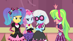 Size: 1488x844 | Tagged: safe, artist:luckreza8, artist:themexicanpunisher, edit, edited screencap, screencap, character:lemon zest, character:photo finish, equestria girls:rainbow rocks, g4, my little pony: equestria girls, my little pony:equestria girls, clothing, crossed arms, cute, eyes closed, headphones, listening, music, open mouth, pixel pizazz, pleated skirt, skirt, sunglasses, the snapshots, violet blurr