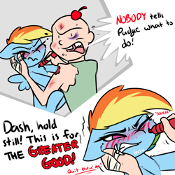 Size: 1200x1200 | Tagged: safe, artist:captainpudgemuffin, character:rainbow dash, oc, oc:captainpudgemuffin, species:human, species:pegasus, species:pony, angry, bandage, bite mark, black eye, blood, blushing, cheek fluff, cherry, chest fluff, dialogue, eyes closed, face doodle, female, floppy ears, food, gap teeth, gritted teeth, human male, injured, male, mare, marker, no pupils, one eye closed, wavy mouth