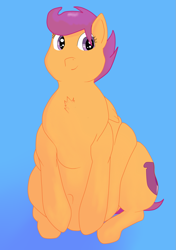 Size: 1193x1697 | Tagged: safe, artist:lupin quill, character:scootaloo, species:pegasus, species:pony, belly button, chest fluff, chubby, fat, female, filly, flabby chest, scootalard, simple background, smiling, solo