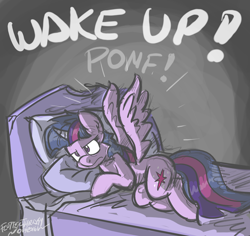 Size: 2400x2263 | Tagged: safe, artist:flutterthrash, character:twilight sparkle, character:twilight sparkle (alicorn), species:alicorn, species:pony, newbie artist training grounds, angry, bed, female, mare, morning wing, morning wood, pomf, wingboner