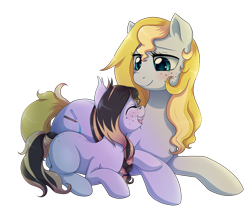 Size: 2300x2012 | Tagged: safe, artist:evomanaphy, oc, oc only, oc:evo, oc:sunflower seed, parent:oc:evo, parent:oc:metal tune, parents:oc x oc, species:bat pony, species:earth pony, species:pony, blushing, braid, butt freckles, cute, fangs, freckles, happy, mother and daughter, offspring, parents:evune, simple background, sitting, smiling, transparent background