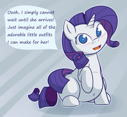 Size: 1123x1036 | Tagged: safe, artist:funble, character:rarity, belly button, blushing, cute, female, looking at you, preggity, pregnant, raised hoof, sitting, smiling, solo