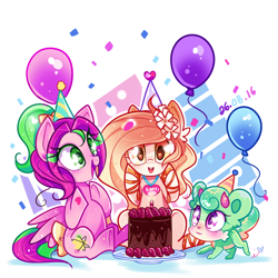 Size: 900x900 | Tagged: safe, artist:ipun, oc, oc only, oc:fawn, oc:gadget, oc:precious metal, species:earth pony, species:pegasus, species:pony, balloon, birthday party, blushing, cake, female, food, heart, heart eyes, mare, party, simple background, white background, wingding eyes